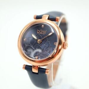 Burgi Watch Womens 31mm Blue Flower Dial Rose Gold Tone Diamond Dial New Battery